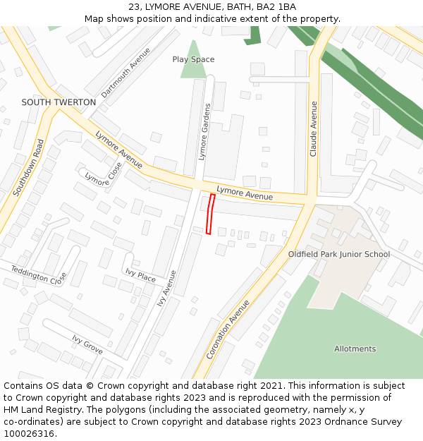 23, LYMORE AVENUE, BATH, BA2 1BA: Location map and indicative extent of plot