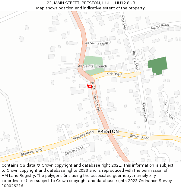 23, MAIN STREET, PRESTON, HULL, HU12 8UB: Location map and indicative extent of plot