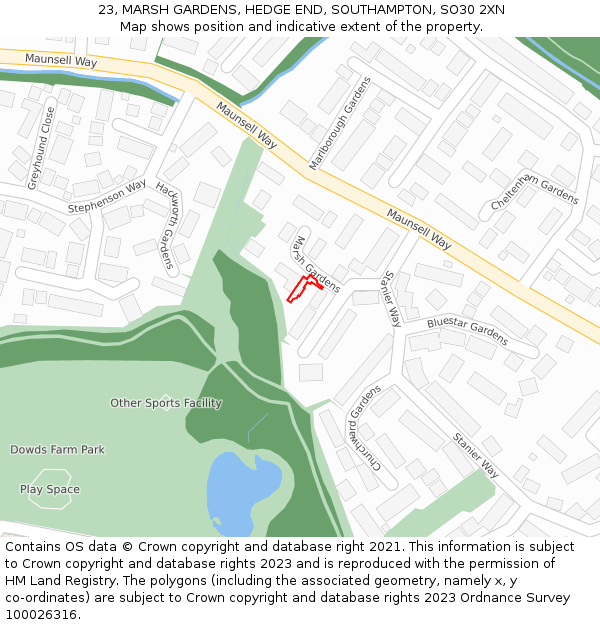 23, MARSH GARDENS, HEDGE END, SOUTHAMPTON, SO30 2XN: Location map and indicative extent of plot