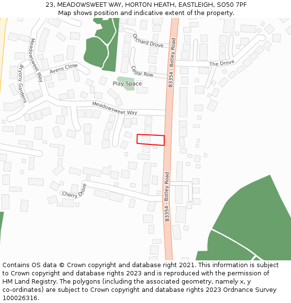 23, MEADOWSWEET WAY, HORTON HEATH, EASTLEIGH, SO50 7PF: Location map and indicative extent of plot