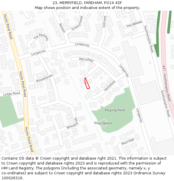 23, MERRYFIELD, FAREHAM, PO14 4SF: Location map and indicative extent of plot