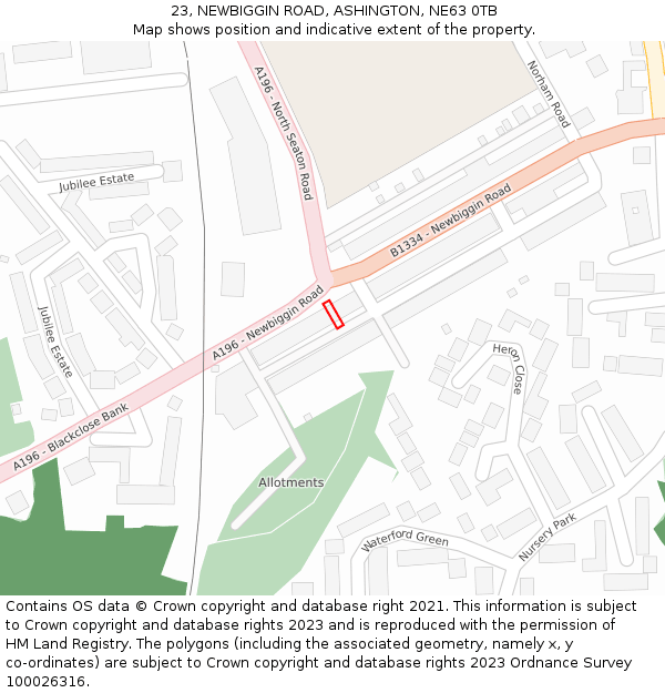 23, NEWBIGGIN ROAD, ASHINGTON, NE63 0TB: Location map and indicative extent of plot