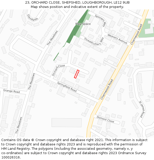 23, ORCHARD CLOSE, SHEPSHED, LOUGHBOROUGH, LE12 9UB: Location map and indicative extent of plot