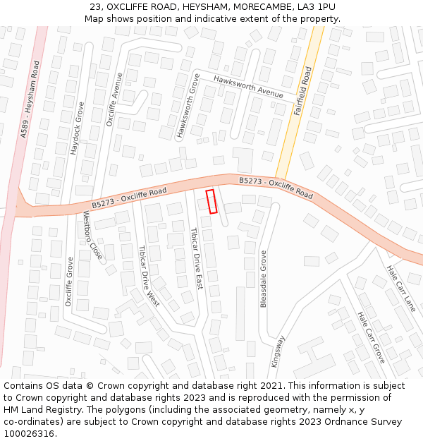 23, OXCLIFFE ROAD, HEYSHAM, MORECAMBE, LA3 1PU: Location map and indicative extent of plot