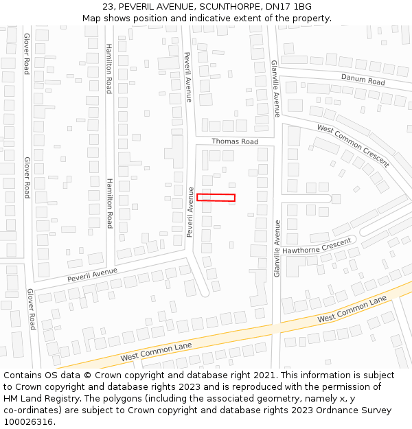 23, PEVERIL AVENUE, SCUNTHORPE, DN17 1BG: Location map and indicative extent of plot