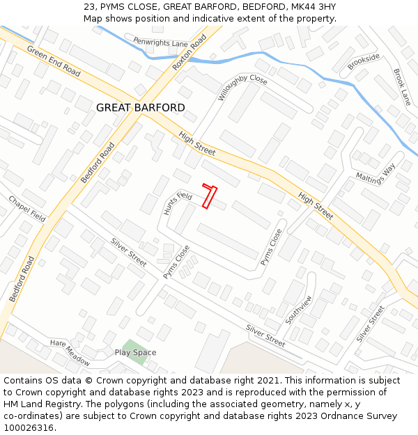 23, PYMS CLOSE, GREAT BARFORD, BEDFORD, MK44 3HY: Location map and indicative extent of plot
