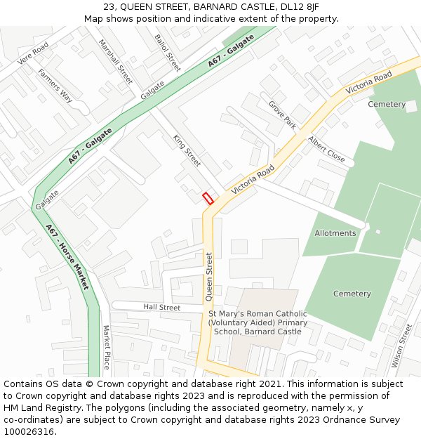 23, QUEEN STREET, BARNARD CASTLE, DL12 8JF: Location map and indicative extent of plot