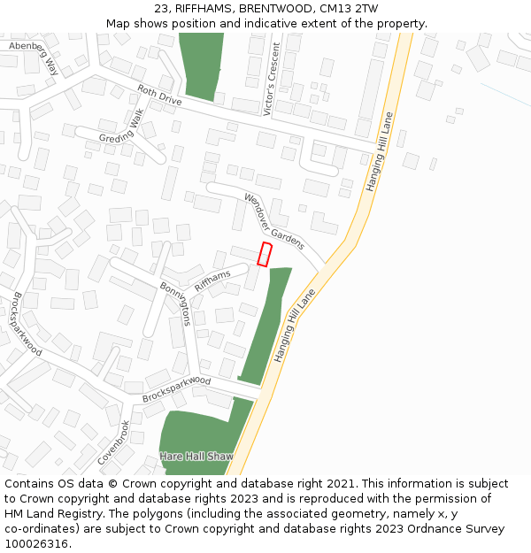 23, RIFFHAMS, BRENTWOOD, CM13 2TW: Location map and indicative extent of plot