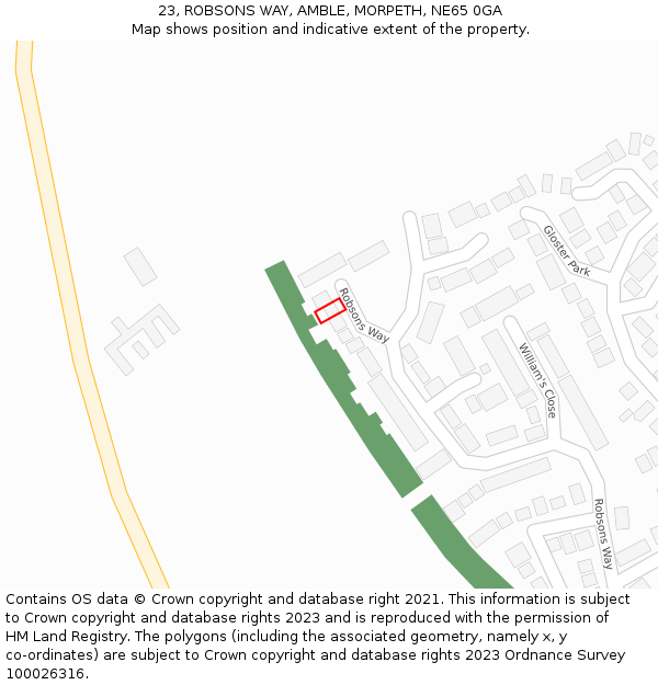 23, ROBSONS WAY, AMBLE, MORPETH, NE65 0GA: Location map and indicative extent of plot