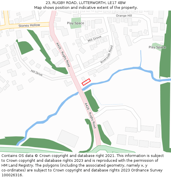 23, RUGBY ROAD, LUTTERWORTH, LE17 4BW: Location map and indicative extent of plot