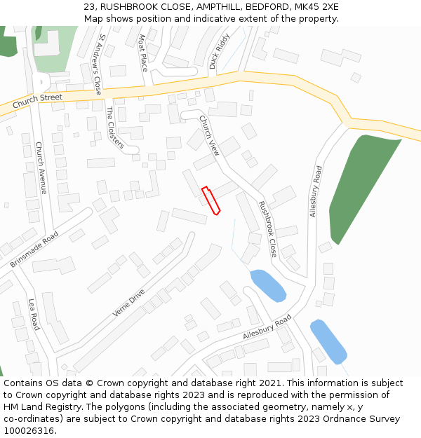 23, RUSHBROOK CLOSE, AMPTHILL, BEDFORD, MK45 2XE: Location map and indicative extent of plot