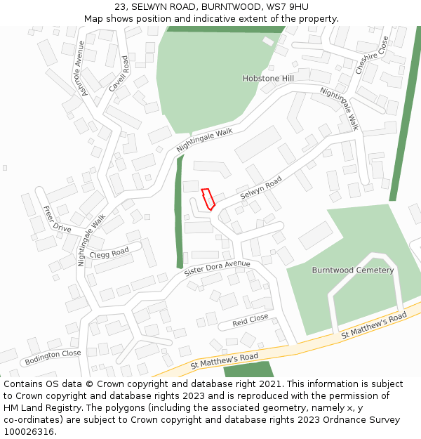 23, SELWYN ROAD, BURNTWOOD, WS7 9HU: Location map and indicative extent of plot