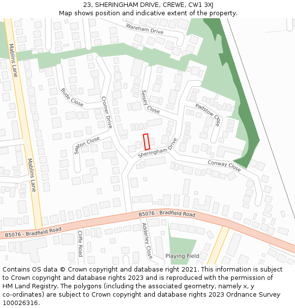 23, SHERINGHAM DRIVE, CREWE, CW1 3XJ: Location map and indicative extent of plot