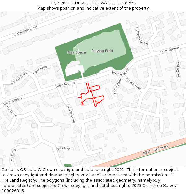 23, SPRUCE DRIVE, LIGHTWATER, GU18 5YU: Location map and indicative extent of plot