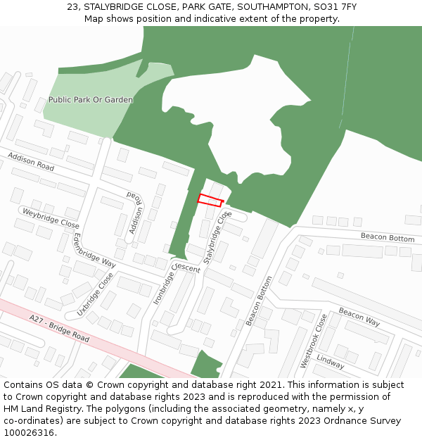 23, STALYBRIDGE CLOSE, PARK GATE, SOUTHAMPTON, SO31 7FY: Location map and indicative extent of plot