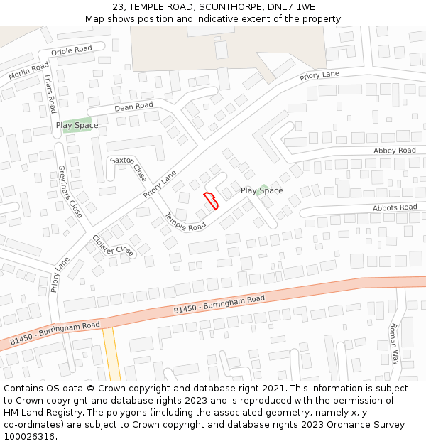 23, TEMPLE ROAD, SCUNTHORPE, DN17 1WE: Location map and indicative extent of plot