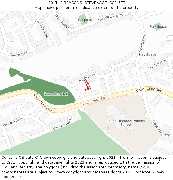 23, THE BEACONS, STEVENAGE, SG1 6EB: Location map and indicative extent of plot