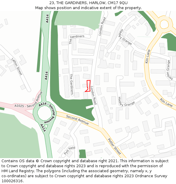 23, THE GARDINERS, HARLOW, CM17 9QU: Location map and indicative extent of plot