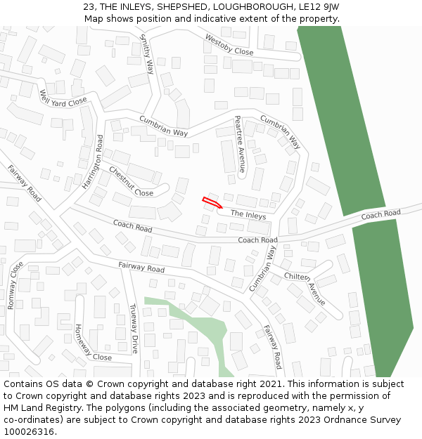 23, THE INLEYS, SHEPSHED, LOUGHBOROUGH, LE12 9JW: Location map and indicative extent of plot
