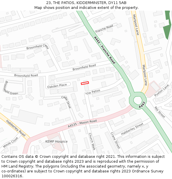 23, THE PATIOS, KIDDERMINSTER, DY11 5AB: Location map and indicative extent of plot