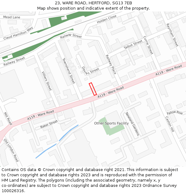 23, WARE ROAD, HERTFORD, SG13 7EB: Location map and indicative extent of plot