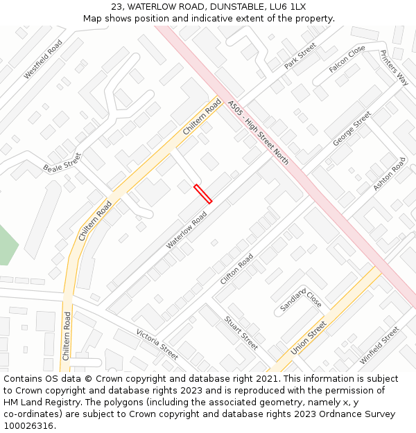 23, WATERLOW ROAD, DUNSTABLE, LU6 1LX: Location map and indicative extent of plot