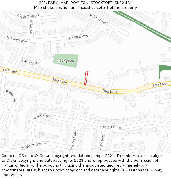 231, PARK LANE, POYNTON, STOCKPORT, SK12 1RH: Location map and indicative extent of plot