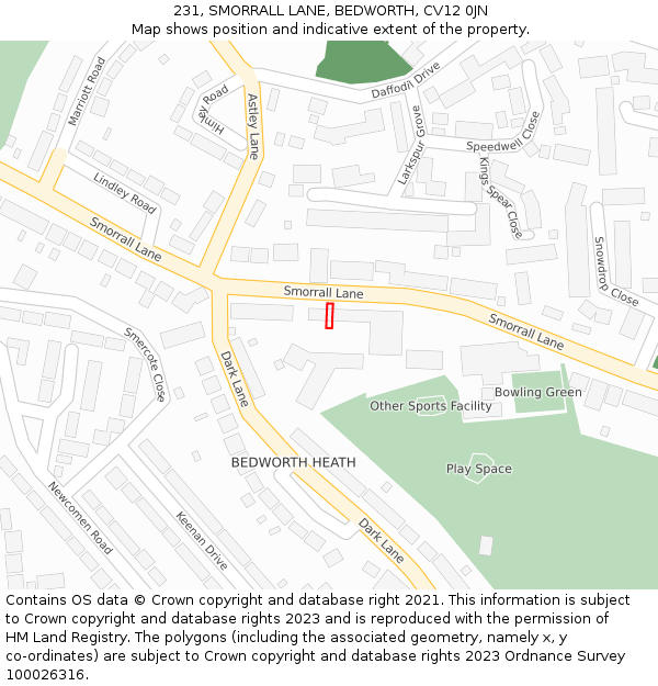 231, SMORRALL LANE, BEDWORTH, CV12 0JN: Location map and indicative extent of plot