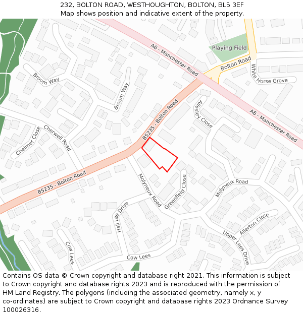 232, BOLTON ROAD, WESTHOUGHTON, BOLTON, BL5 3EF: Location map and indicative extent of plot