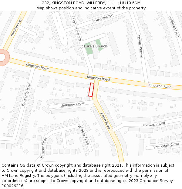 232, KINGSTON ROAD, WILLERBY, HULL, HU10 6NA: Location map and indicative extent of plot