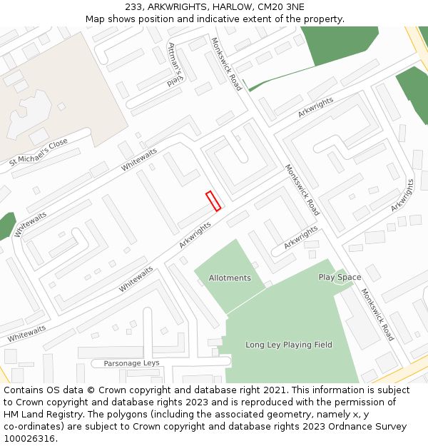 233, ARKWRIGHTS, HARLOW, CM20 3NE: Location map and indicative extent of plot