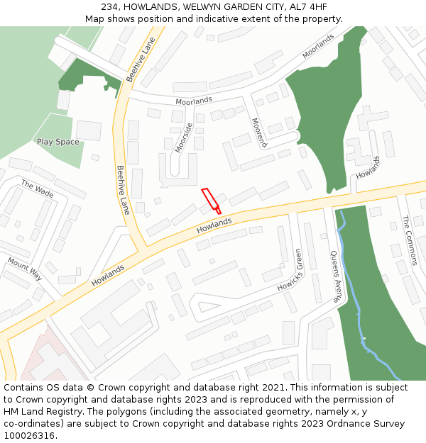 234, HOWLANDS, WELWYN GARDEN CITY, AL7 4HF: Location map and indicative extent of plot
