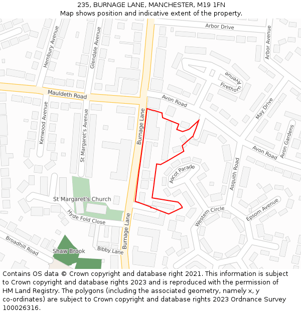 235, BURNAGE LANE, MANCHESTER, M19 1FN: Location map and indicative extent of plot
