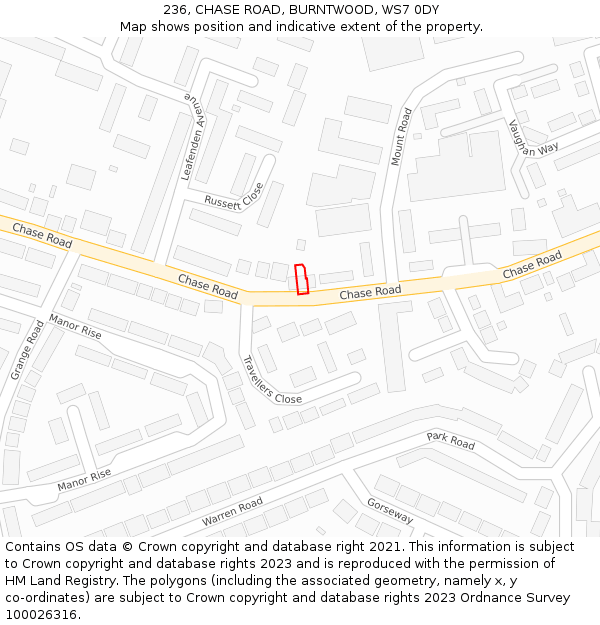236, CHASE ROAD, BURNTWOOD, WS7 0DY: Location map and indicative extent of plot