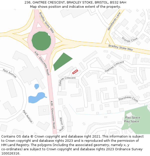 236, OAKTREE CRESCENT, BRADLEY STOKE, BRISTOL, BS32 9AH: Location map and indicative extent of plot