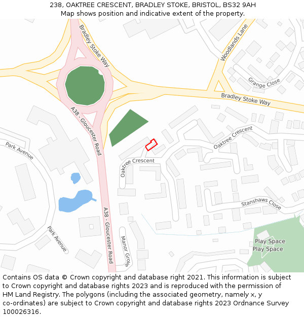 238, OAKTREE CRESCENT, BRADLEY STOKE, BRISTOL, BS32 9AH: Location map and indicative extent of plot
