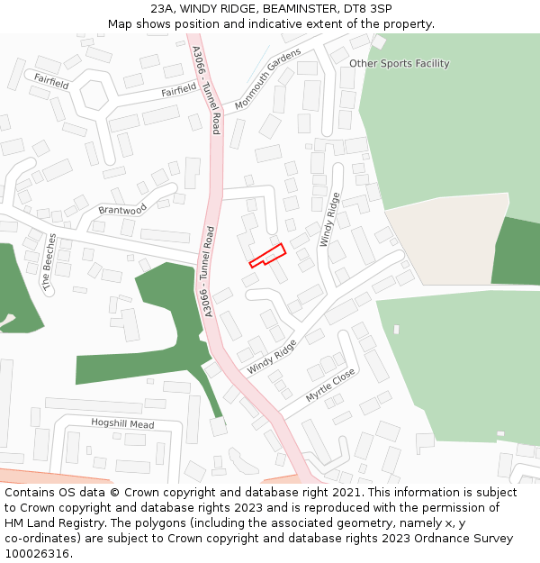 23A, WINDY RIDGE, BEAMINSTER, DT8 3SP: Location map and indicative extent of plot