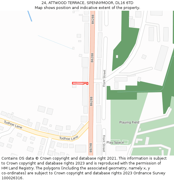 24, ATTWOOD TERRACE, SPENNYMOOR, DL16 6TD: Location map and indicative extent of plot