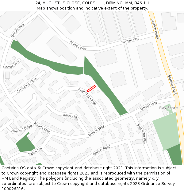 24, AUGUSTUS CLOSE, COLESHILL, BIRMINGHAM, B46 1HJ: Location map and indicative extent of plot