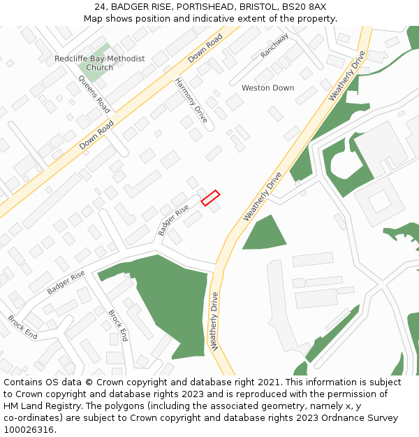 24, BADGER RISE, PORTISHEAD, BRISTOL, BS20 8AX: Location map and indicative extent of plot