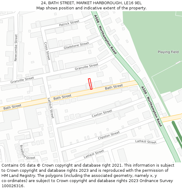 24, BATH STREET, MARKET HARBOROUGH, LE16 9EL: Location map and indicative extent of plot