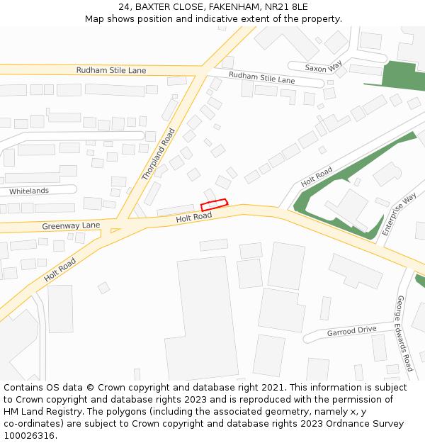 24, BAXTER CLOSE, FAKENHAM, NR21 8LE: Location map and indicative extent of plot