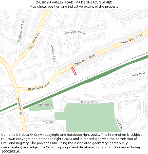 24, BOYN VALLEY ROAD, MAIDENHEAD, SL6 4ED: Location map and indicative extent of plot