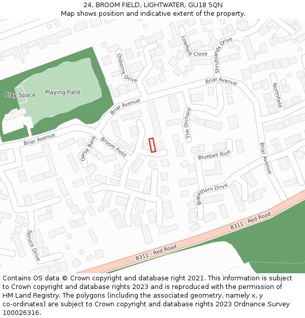 24, BROOM FIELD, LIGHTWATER, GU18 5QN: Location map and indicative extent of plot
