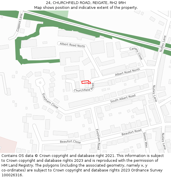24, CHURCHFIELD ROAD, REIGATE, RH2 9RH: Location map and indicative extent of plot