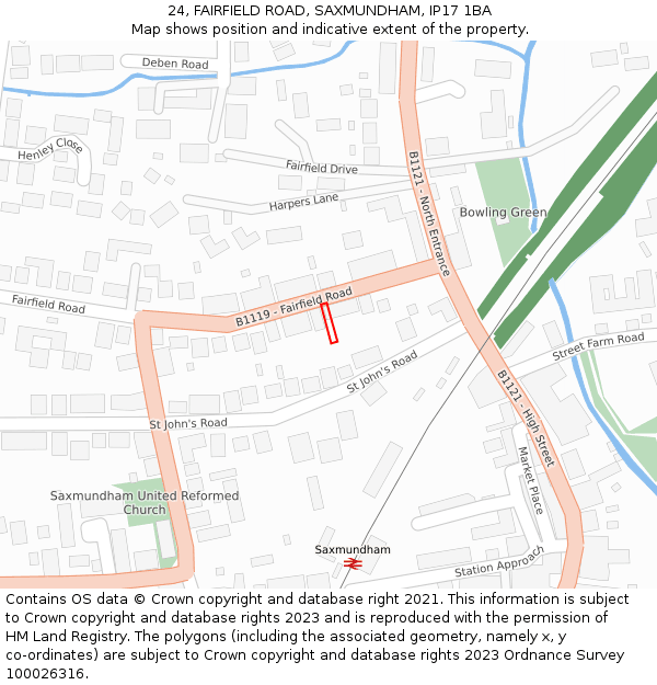 24, FAIRFIELD ROAD, SAXMUNDHAM, IP17 1BA: Location map and indicative extent of plot