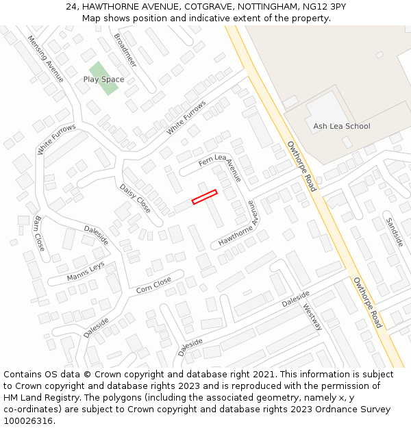 24, HAWTHORNE AVENUE, COTGRAVE, NOTTINGHAM, NG12 3PY: Location map and indicative extent of plot