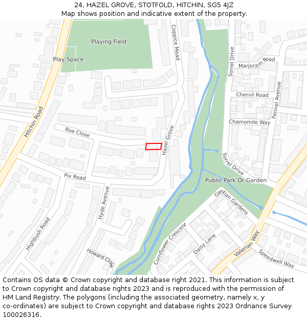 24, HAZEL GROVE, STOTFOLD, HITCHIN, SG5 4JZ: Location map and indicative extent of plot