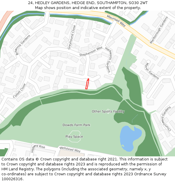 24, HEDLEY GARDENS, HEDGE END, SOUTHAMPTON, SO30 2WT: Location map and indicative extent of plot