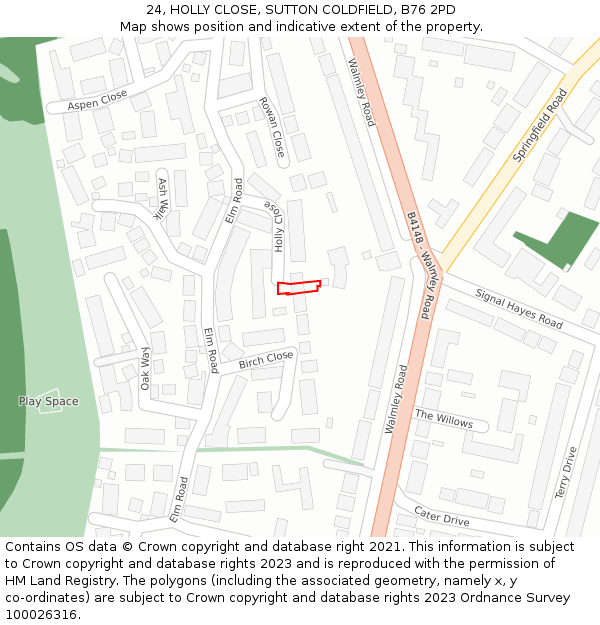 24, HOLLY CLOSE, SUTTON COLDFIELD, B76 2PD: Location map and indicative extent of plot